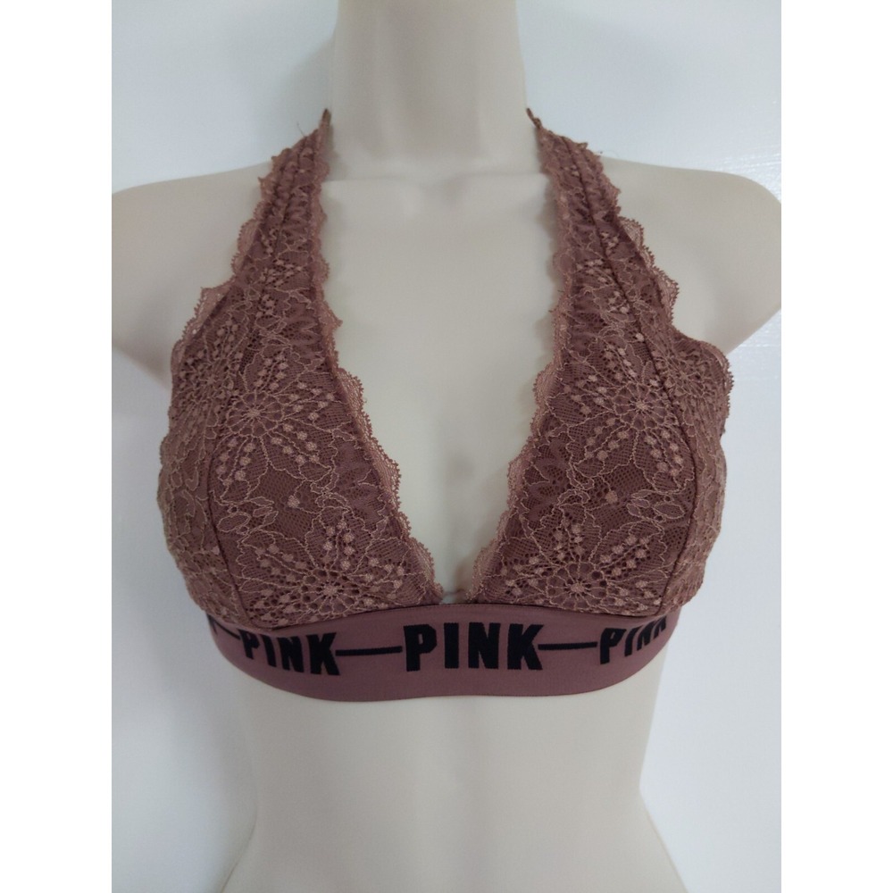 Victorias Secret Crochet Lace Halter Bralette Pink‎ Spellout Y2K Boho Festival S